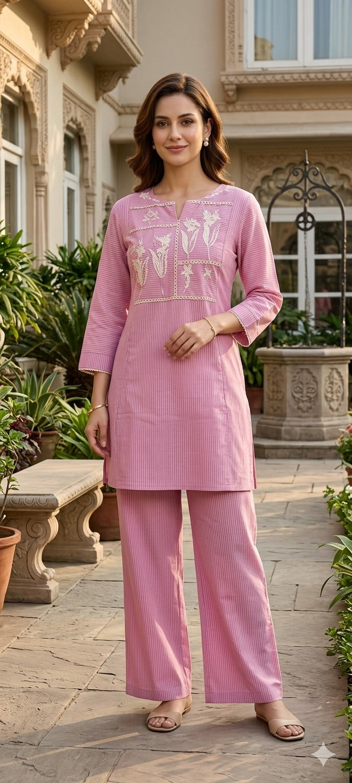 Thread Embroidered Floral Striped Co-Ord Set with Lace Paneling- 14552
