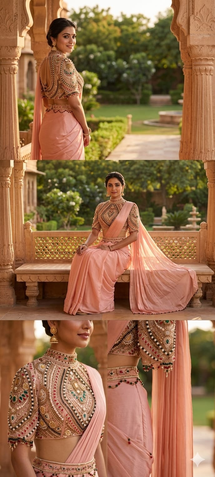 Elegant Pre-Draped Partywear Luxury Hand-Embroidered Designer Saree with Heavy Stone & Zardosi Work Blouse- 14525 W162