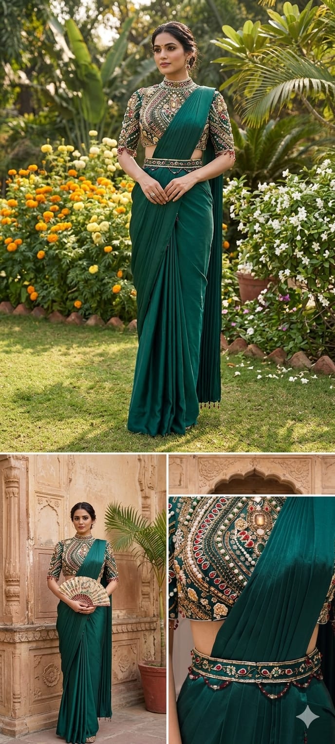 Elegant Pre-Draped Partywear Luxury Hand-Embroidered Designer Saree with Heavy Stone & Zardosi Work Blouse- 14525 W162