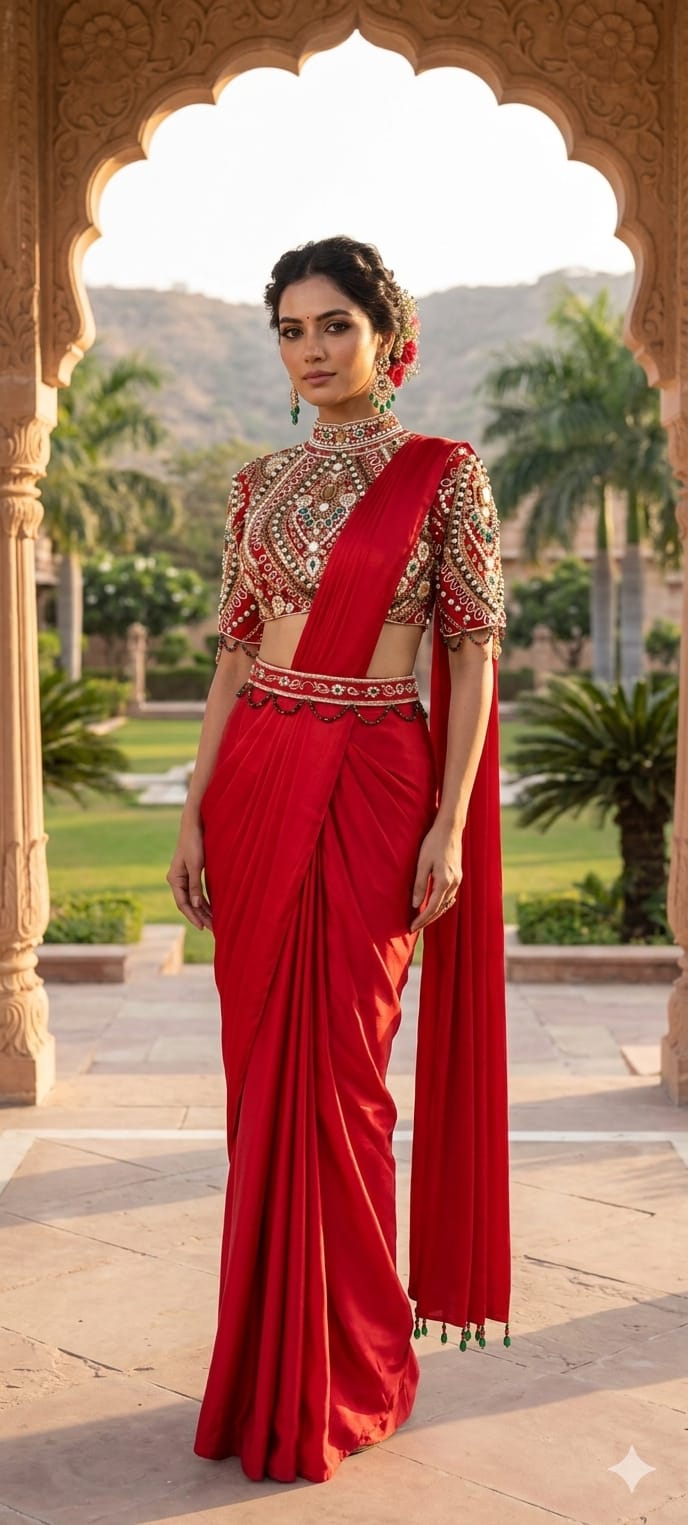 Elegant Pre-Draped Partywear Luxury Hand-Embroidered Designer Saree with Heavy Stone & Zardosi Work Blouse- 14525 W162