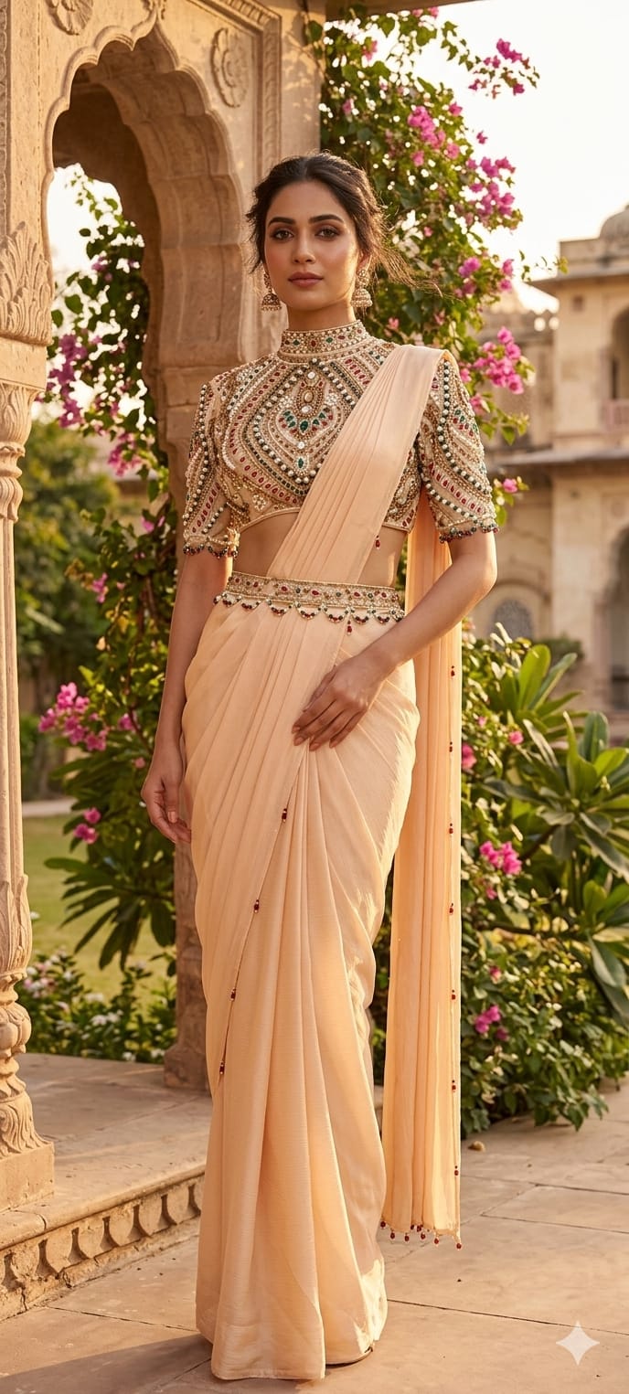 Elegant Pre-Draped Partywear Luxury Hand-Embroidered Designer Saree with Heavy Stone & Zardosi Work Blouse- 14525 W162
