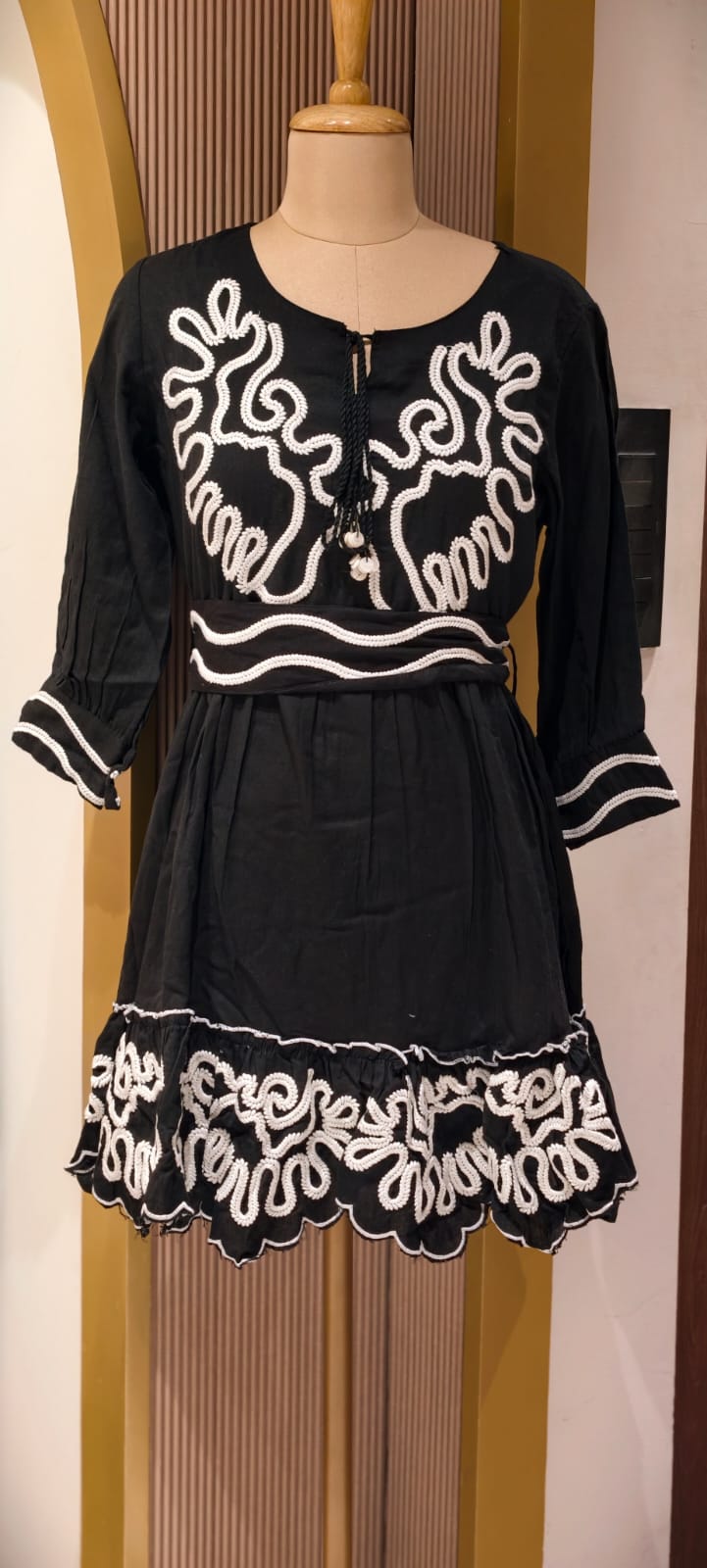 Midnight Onyx Scalloped Flare Frock with Contrast Corded Patchwork and Tasseled V-Neck Ankle Length- 14577