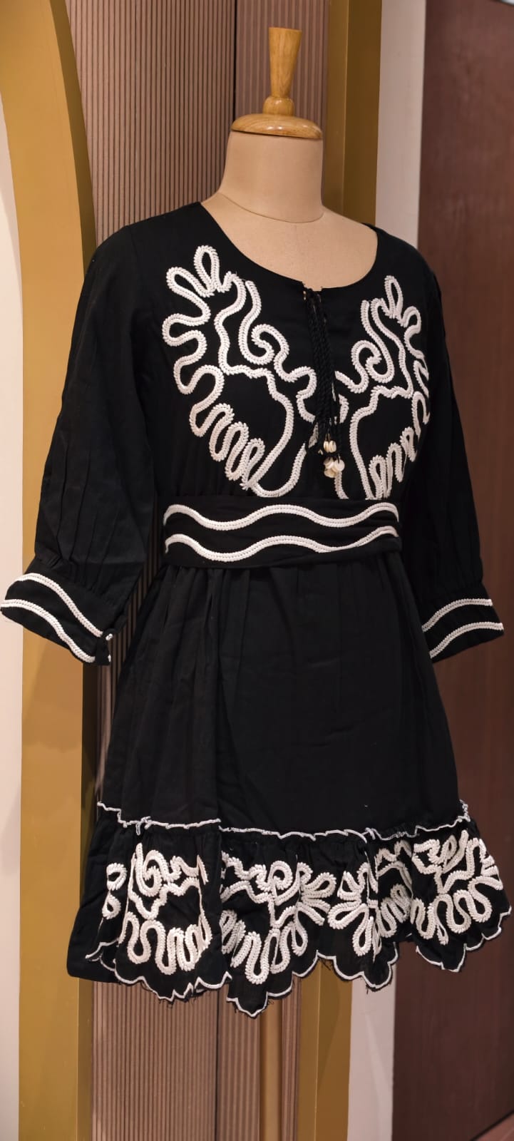 Midnight Onyx Scalloped Flare Frock with Contrast Corded Patchwork and Tasseled V-Neck Ankle Length- 14577