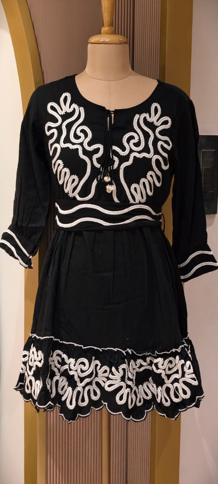 Midnight Onyx Scalloped Flare Frock with Contrast Corded Patchwork and Tasseled V-Neck Ankle Length- 14577