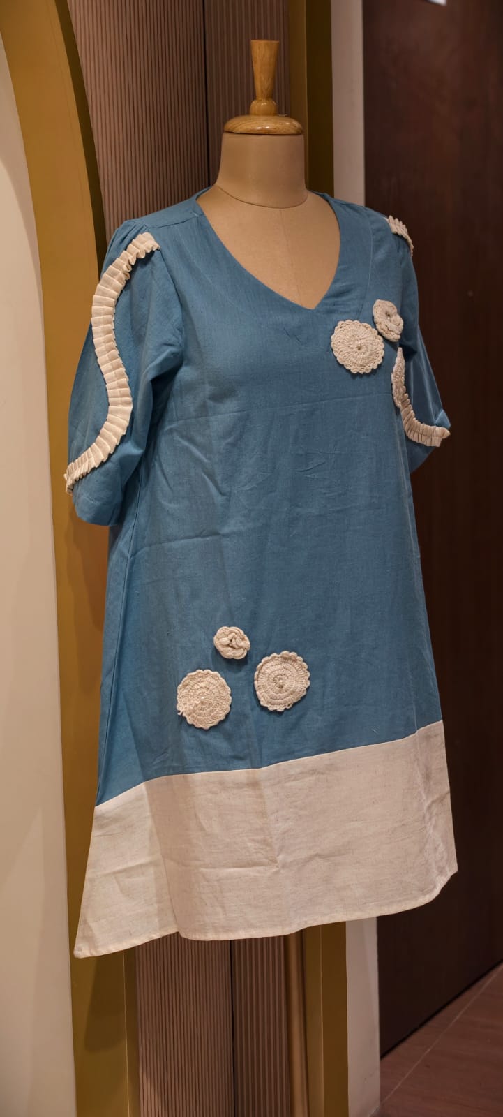 Beautiful Crochet Work Dual Tone Summer Wear Frock With Balloon Sleeve- 14573