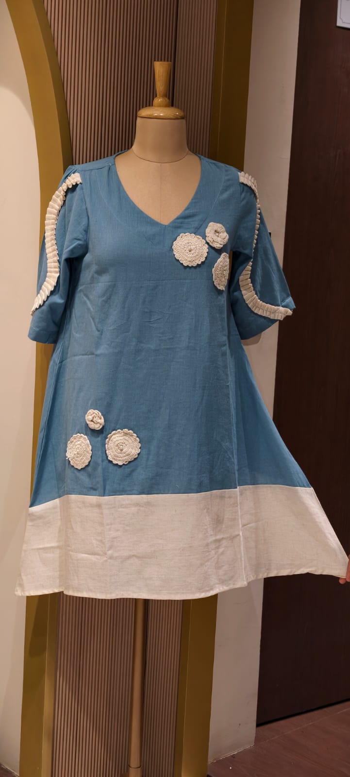 Beautiful Crochet Work Dual Tone Summer Wear Frock With Balloon Sleeve- 14573