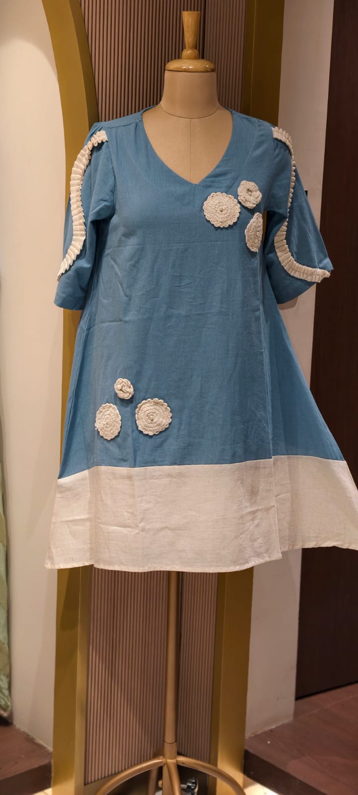 Beautiful Crochet Work Dual Tone Summer Wear Frock With Balloon Sleeve- 14573