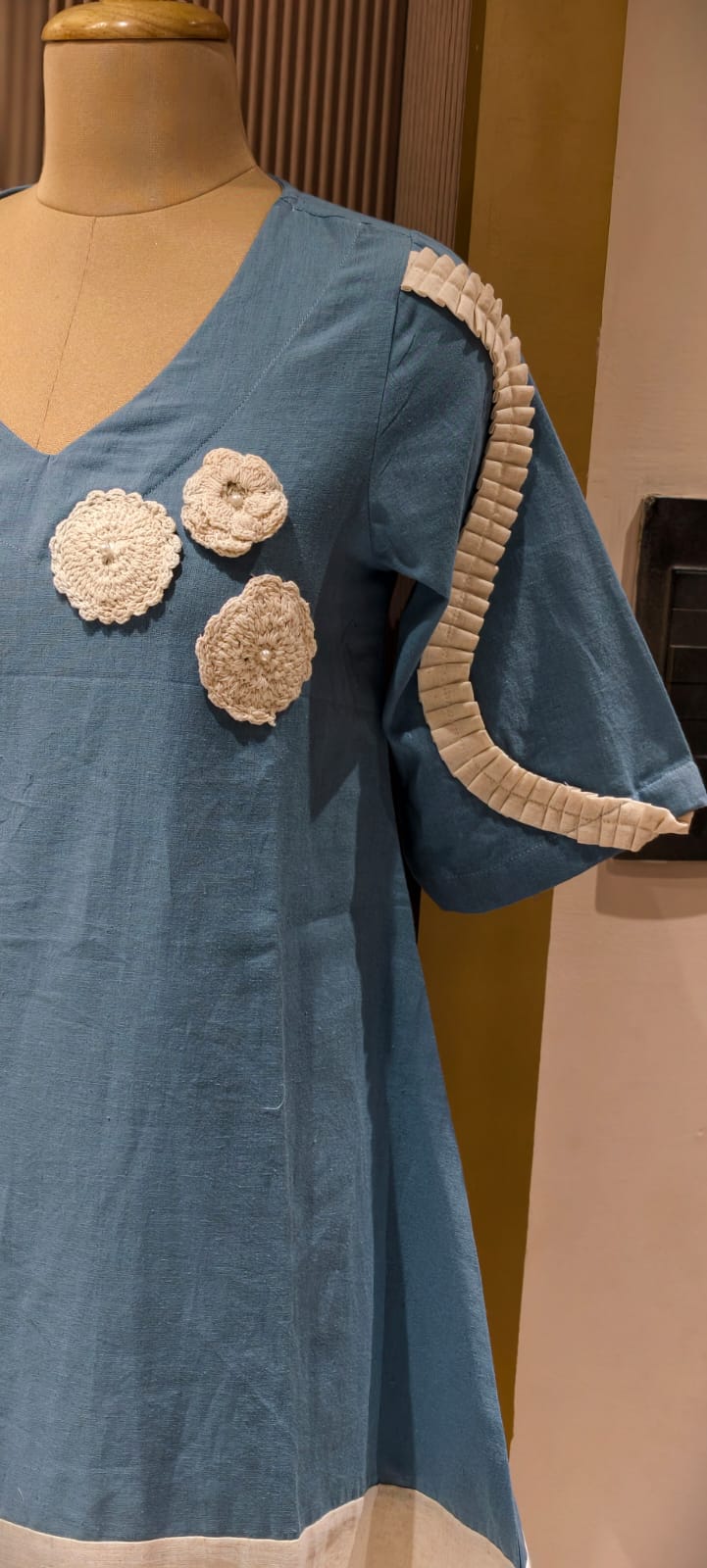 Beautiful Crochet Work Dual Tone Summer Wear Frock With Balloon Sleeve- 14573