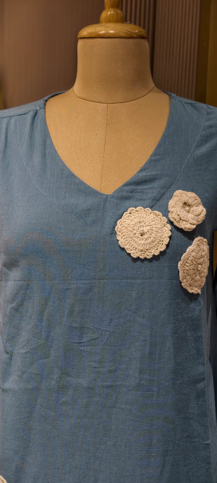 Beautiful Crochet Work Dual Tone Summer Wear Frock With Balloon Sleeve- 14573