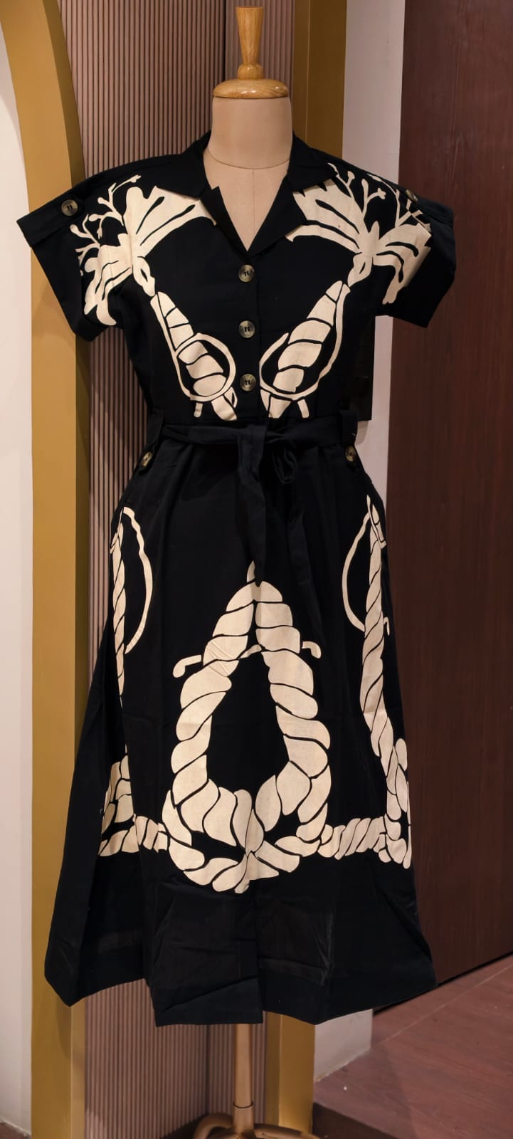 Midnight Noir Bold Nautical Patchwork A-Line Ankle Length Frock with Waist Tie- 14576