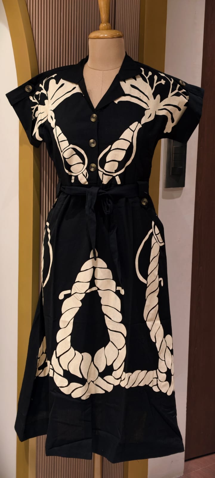 Midnight Noir Bold Nautical Patchwork A-Line Ankle Length Frock with Waist Tie- 14576