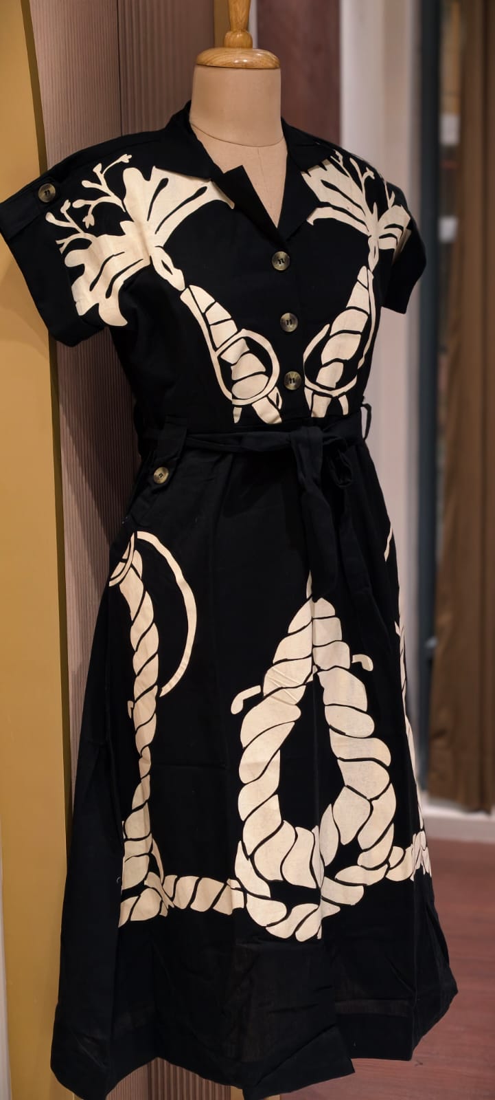 Midnight Noir Bold Nautical Patchwork A-Line Ankle Length Frock with Waist Tie- 14576