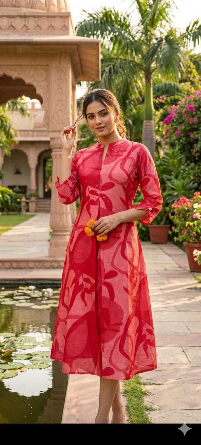 Mossaic Print Ballon Sleeve A-Line Silk A-Line Frock With Stone Touch- 14622