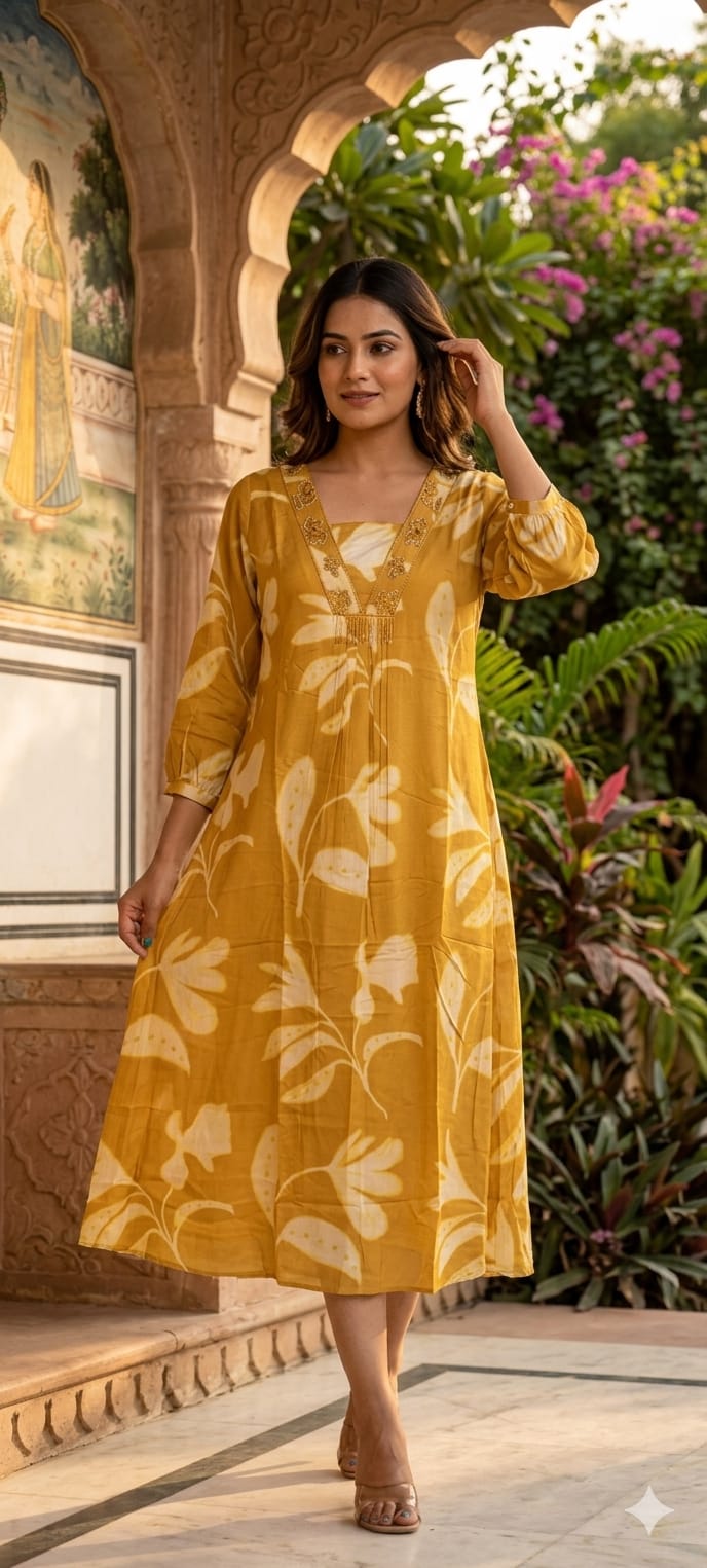 Melodic Printed Cut-Dana Neck Line Tassel Accent Russian Silk Daily Wear Frock- 14638