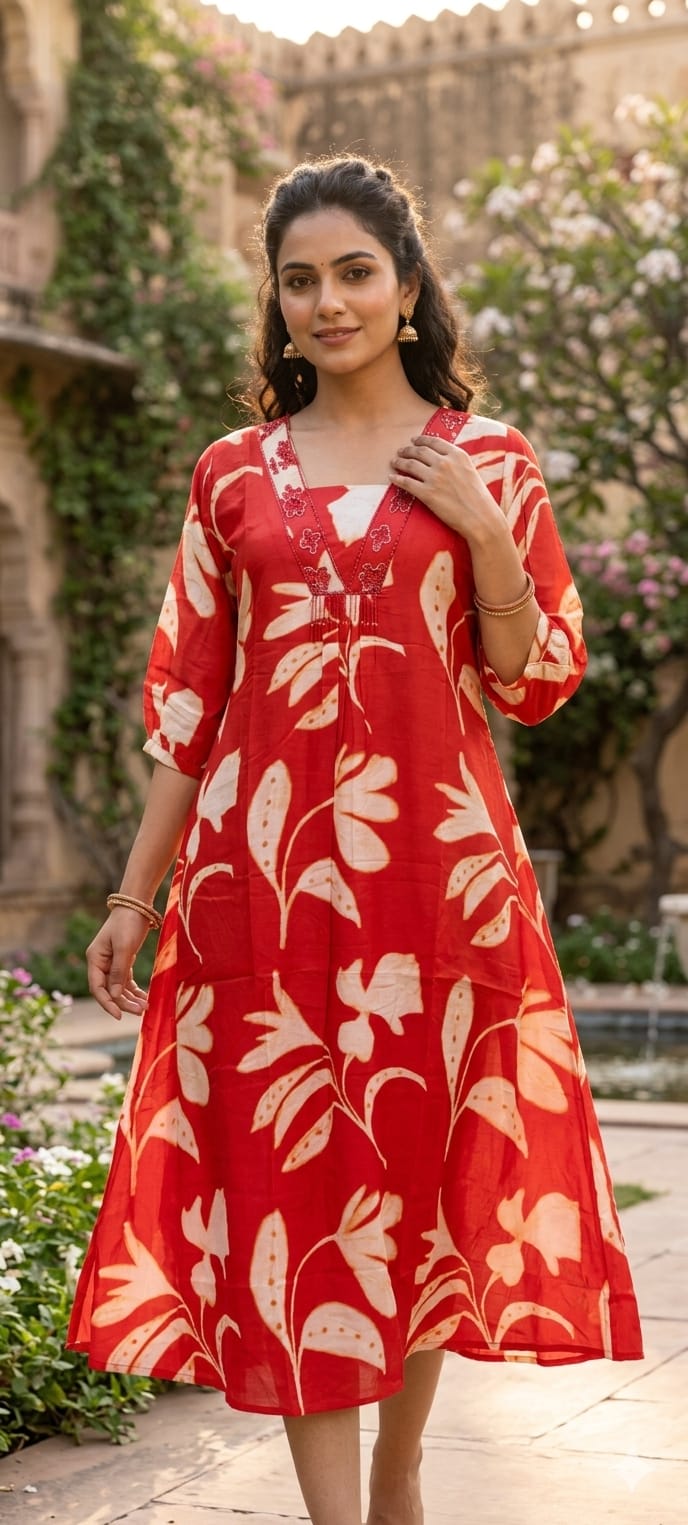 Melodic Printed Cut-Dana Neck Line Tassel Accent Russian Silk Daily Wear Frock- 14638