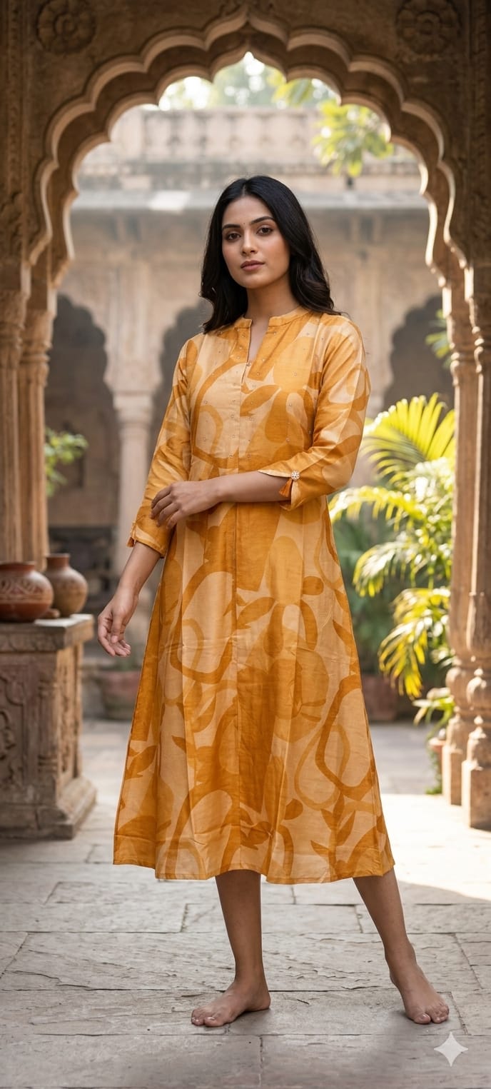 Mossaic Print Ballon Sleeve A-Line Silk A-Line Frock With Stone Touch- 14622
