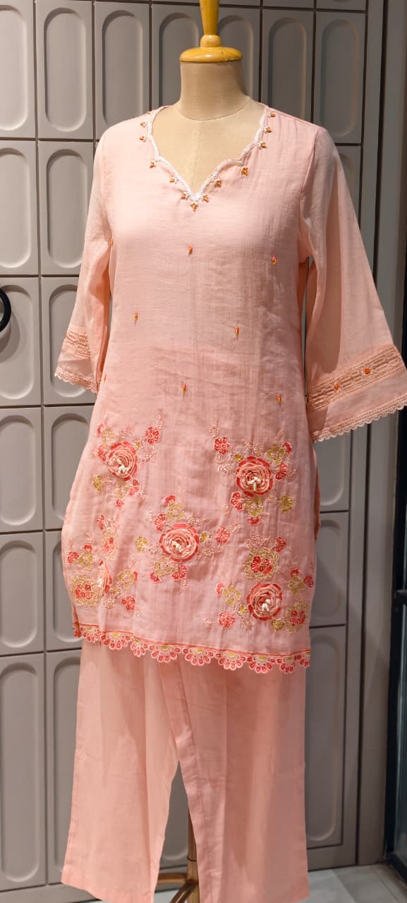 Sequin Cut-Work Neck Line Pastel Shaded Cotton Co-Ord Set- 14612