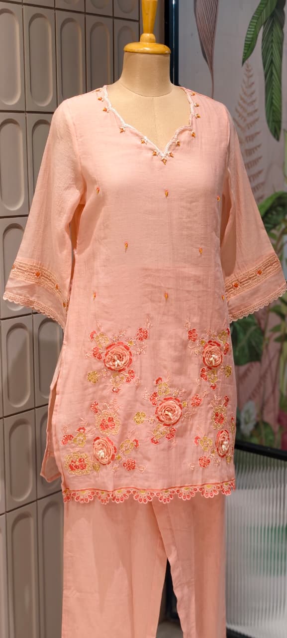 Sequin Cut-Work Neck Line Pastel Shaded Cotton Co-Ord Set- 14612