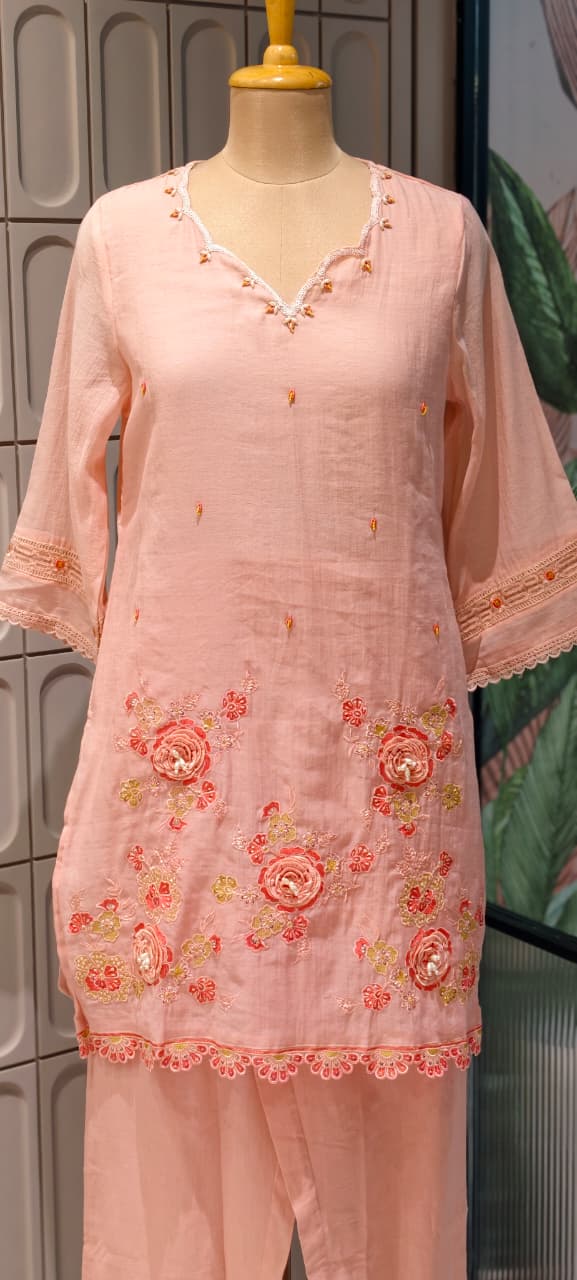 Sequin Cut-Work Neck Line Pastel Shaded Cotton Co-Ord Set- 14612
