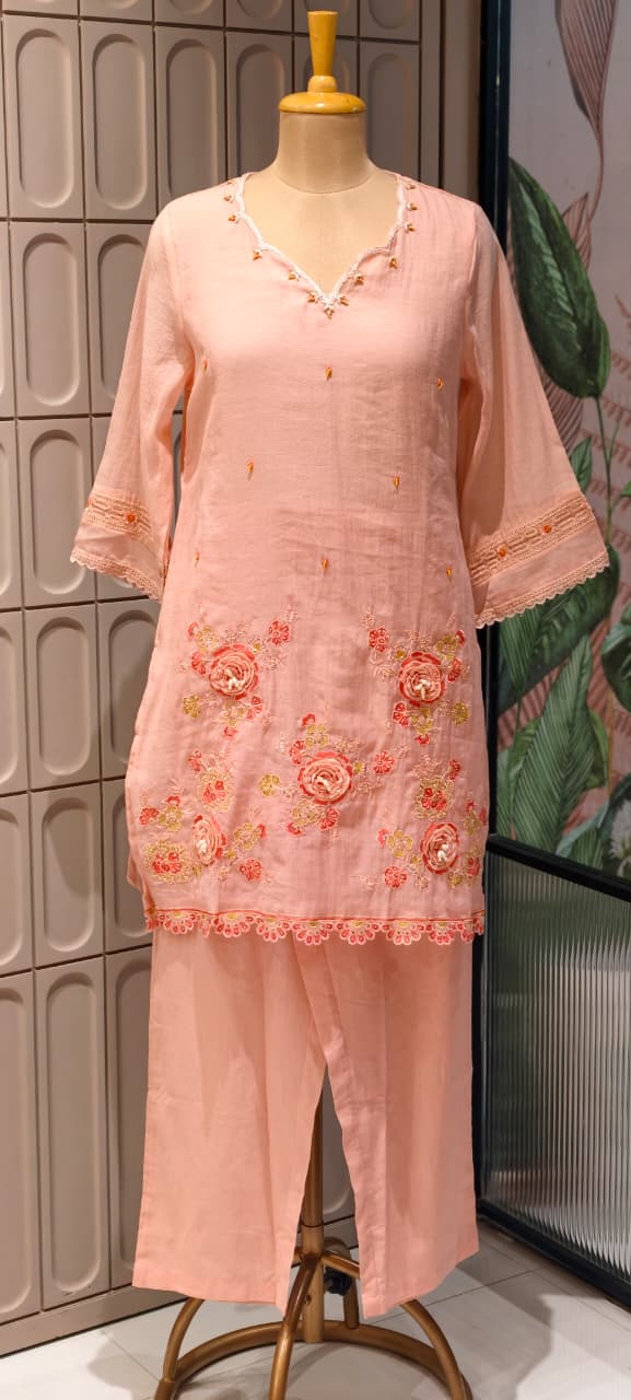 Sequin Cut-Work Neck Line Pastel Shaded Cotton Co-Ord Set- 14612