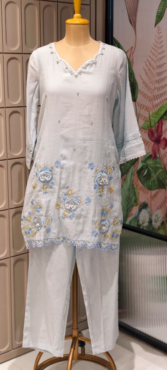 Sequin Cut-Work Neck Line Pastel Shaded Cotton Co-Ord Set- 14612