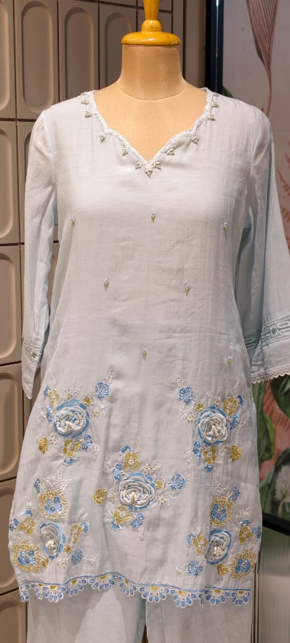 Sequin Cut-Work Neck Line Pastel Shaded Cotton Co-Ord Set- 14612
