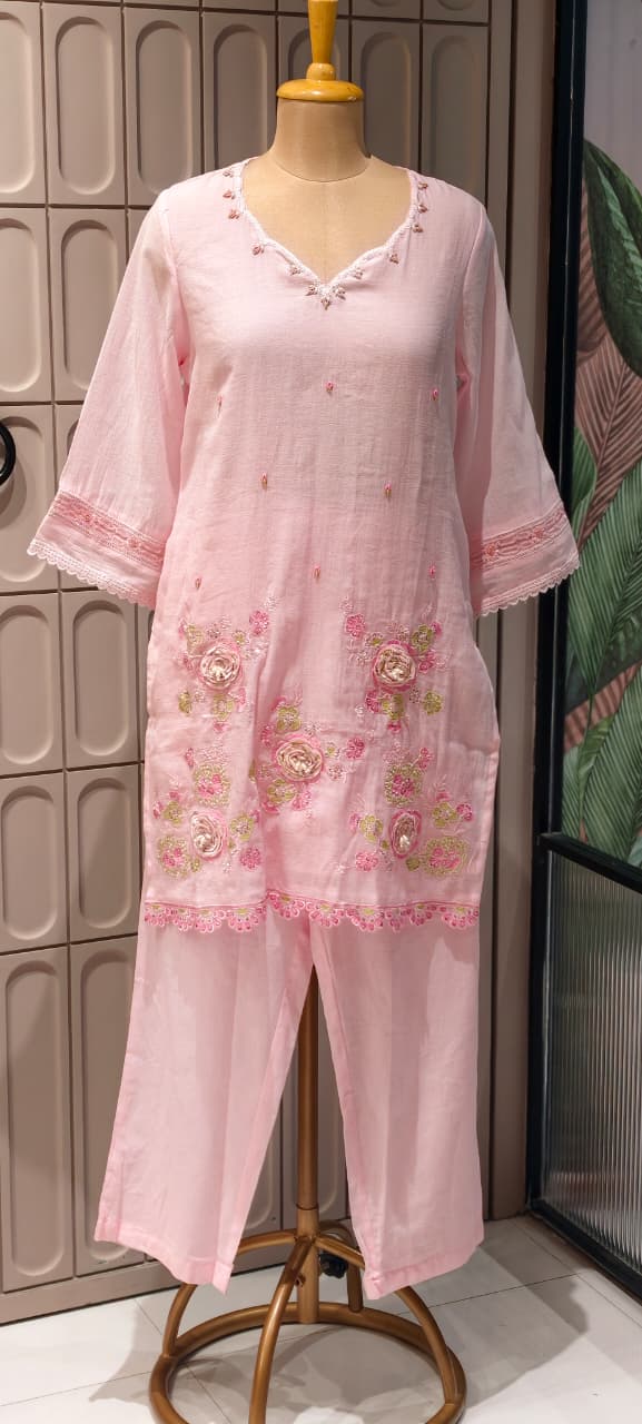 Sequin Cut-Work Neck Line Pastel Shaded Cotton Co-Ord Set- 14612