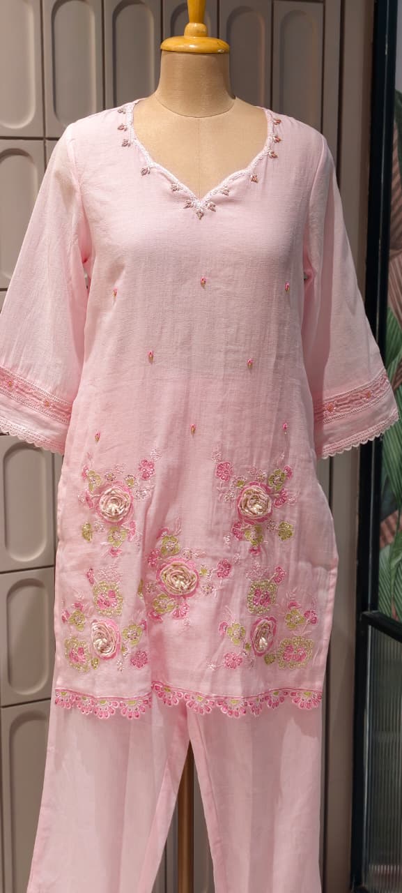 Sequin Cut-Work Neck Line Pastel Shaded Cotton Co-Ord Set- 14612