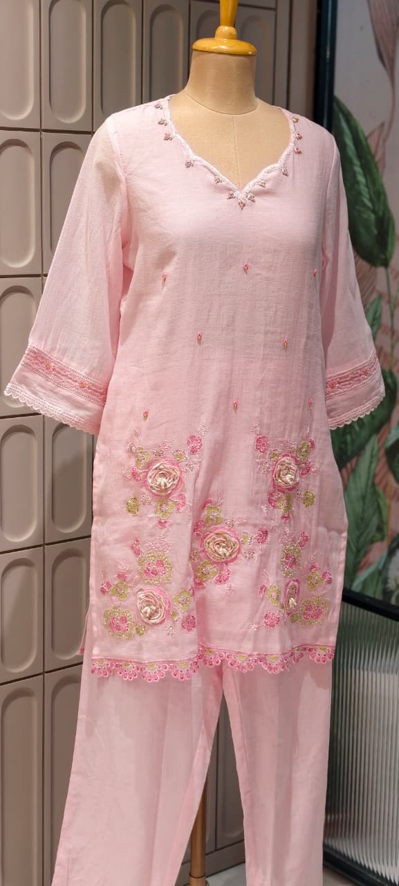 Sequin Cut-Work Neck Line Pastel Shaded Cotton Co-Ord Set- 14612