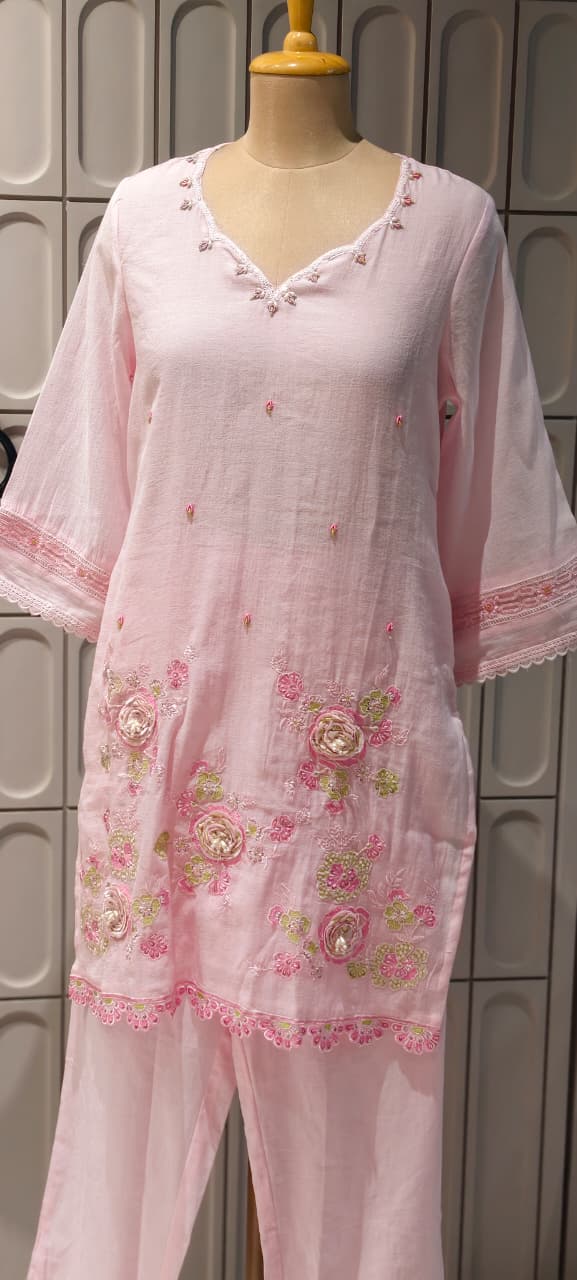 Sequin Cut-Work Neck Line Pastel Shaded Cotton Co-Ord Set- 14612