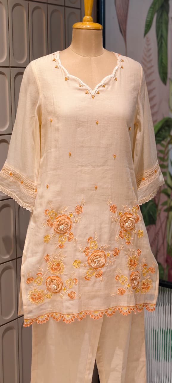Sequin Cut-Work Neck Line Pastel Shaded Cotton Co-Ord Set- 14612