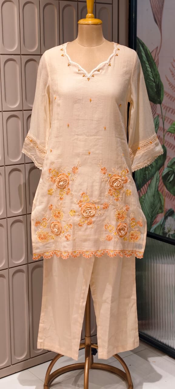 Sequin Cut-Work Neck Line Pastel Shaded Cotton Co-Ord Set- 14612