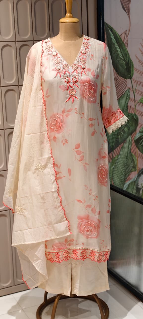 Floral Popped Embroidered Neckline Rosy Petal Printed Full Suit Set WIth Dupatta In HO Silk Fabric- 14791