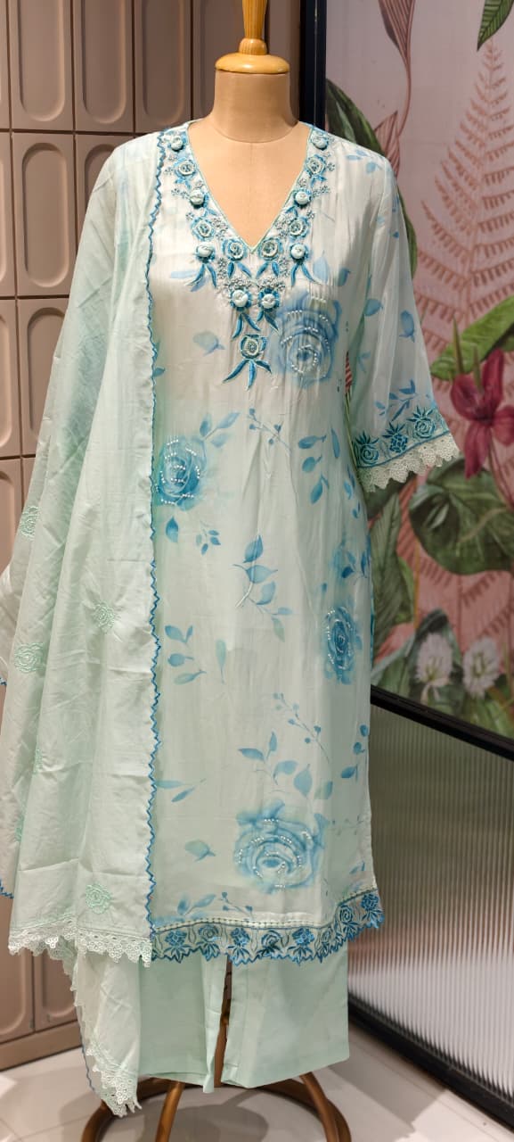 Floral Popped Embroidered Neckline Rosy Petal Printed Full Suit Set WIth Dupatta In HO Silk Fabric- 14791