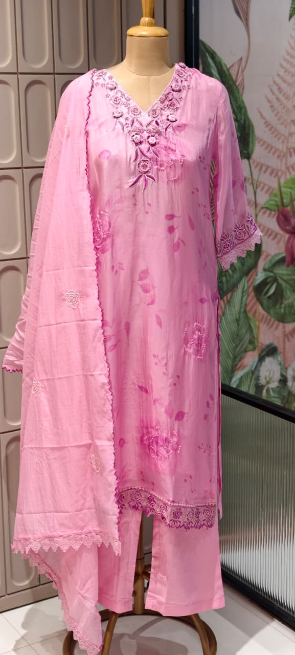 Floral Popped Embroidered Neckline Rosy Petal Printed Full Suit Set WIth Dupatta In HO Silk Fabric- 14791