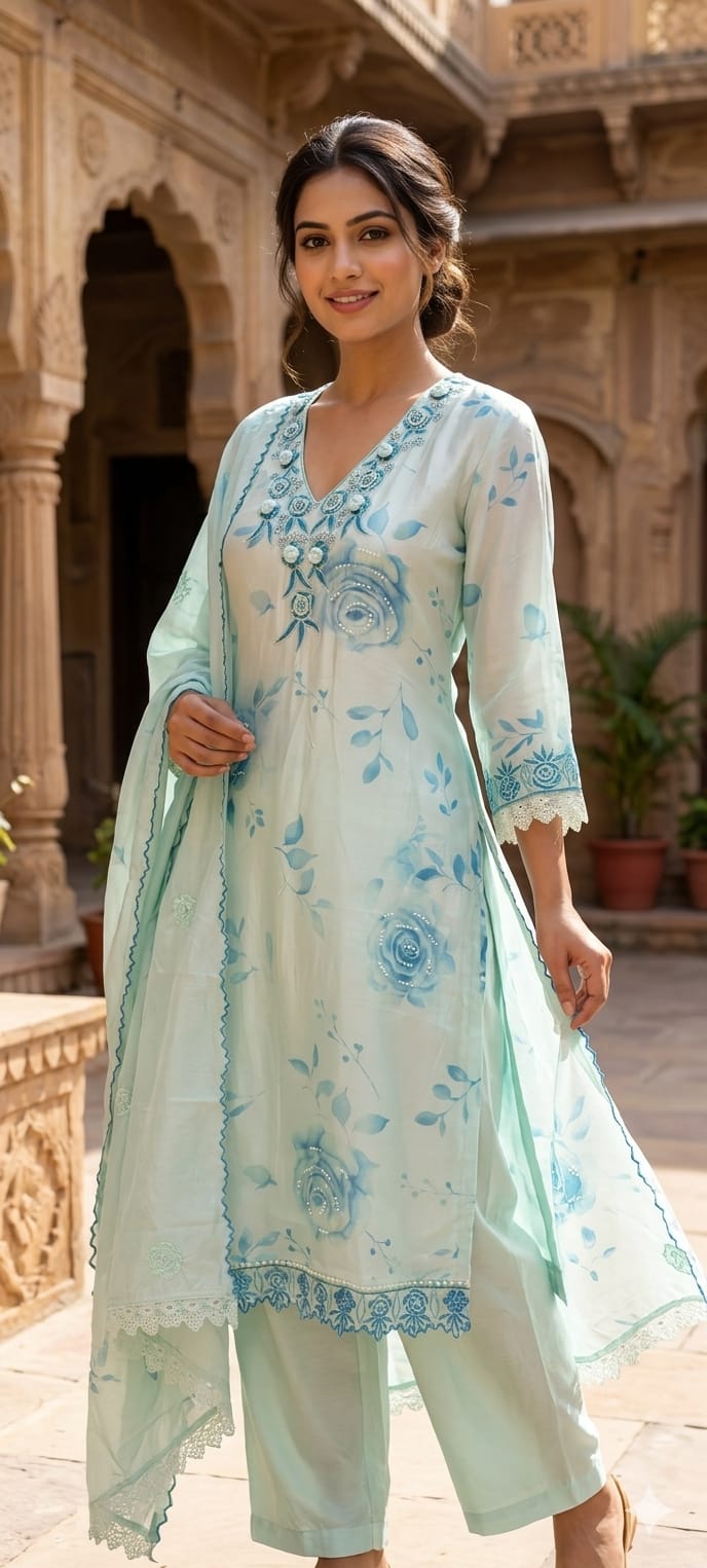 Floral Popped Embroidered Neckline Rosy Petal Printed Full Suit Set WIth Dupatta In HO Silk Fabric- 14791