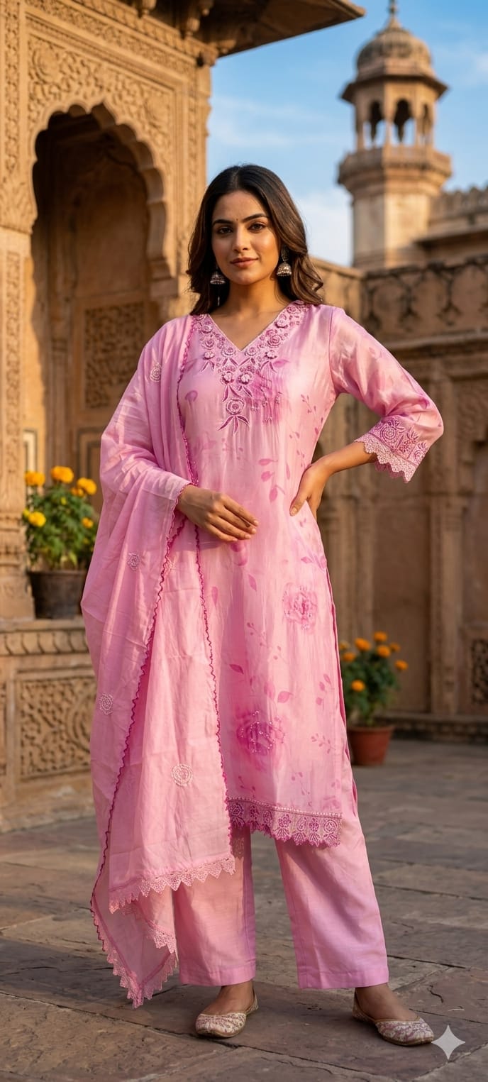 Floral Popped Embroidered Neckline Rosy Petal Printed Full Suit Set WIth Dupatta In HO Silk Fabric- 14791