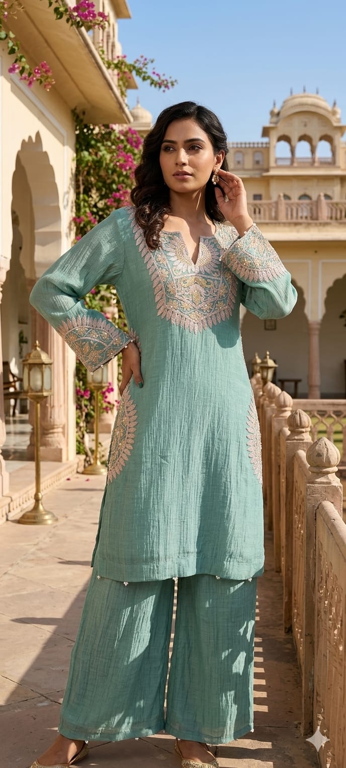 Mul Chanderi Handcrafted Ethnic Kurta Pant Set with Side Medallion Embroidery- 14790