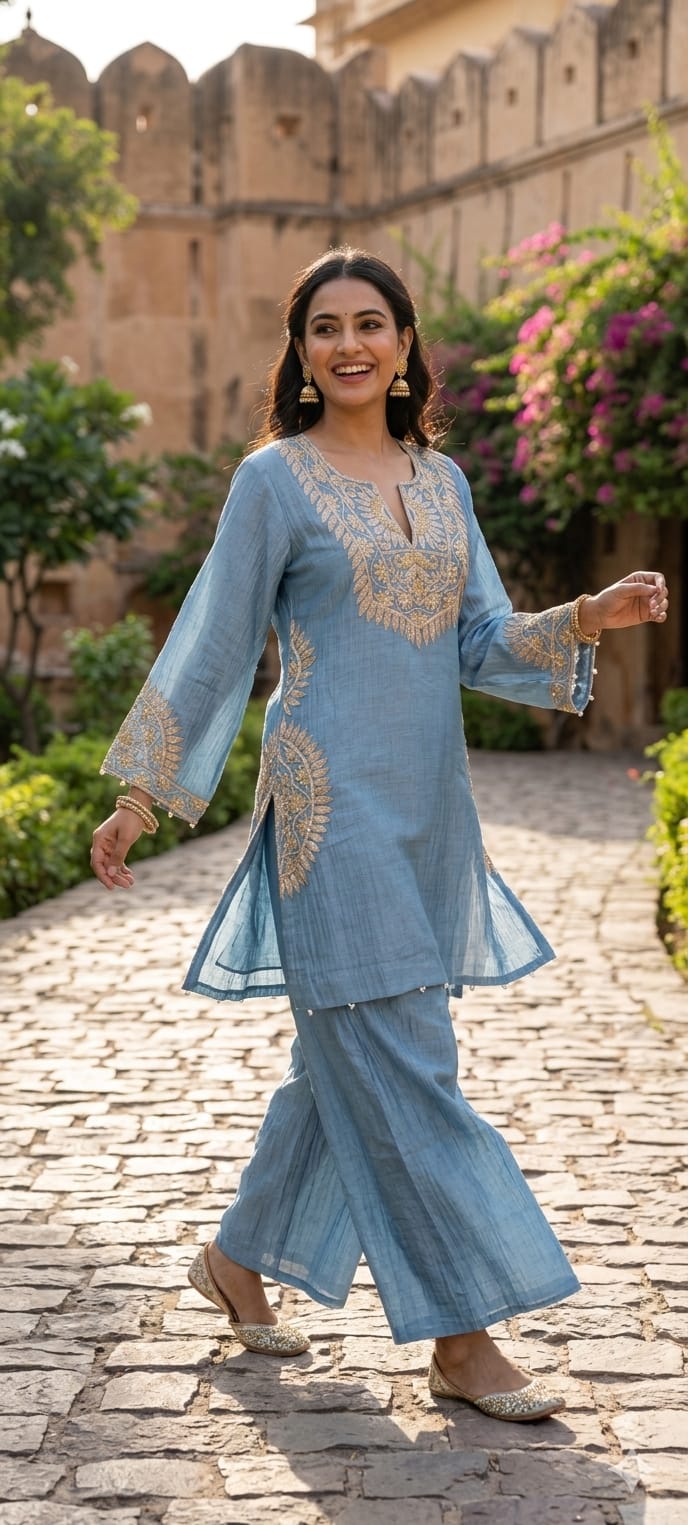 Mul Chanderi Handcrafted Ethnic Kurta Pant Set with Side Medallion Embroidery- 14790