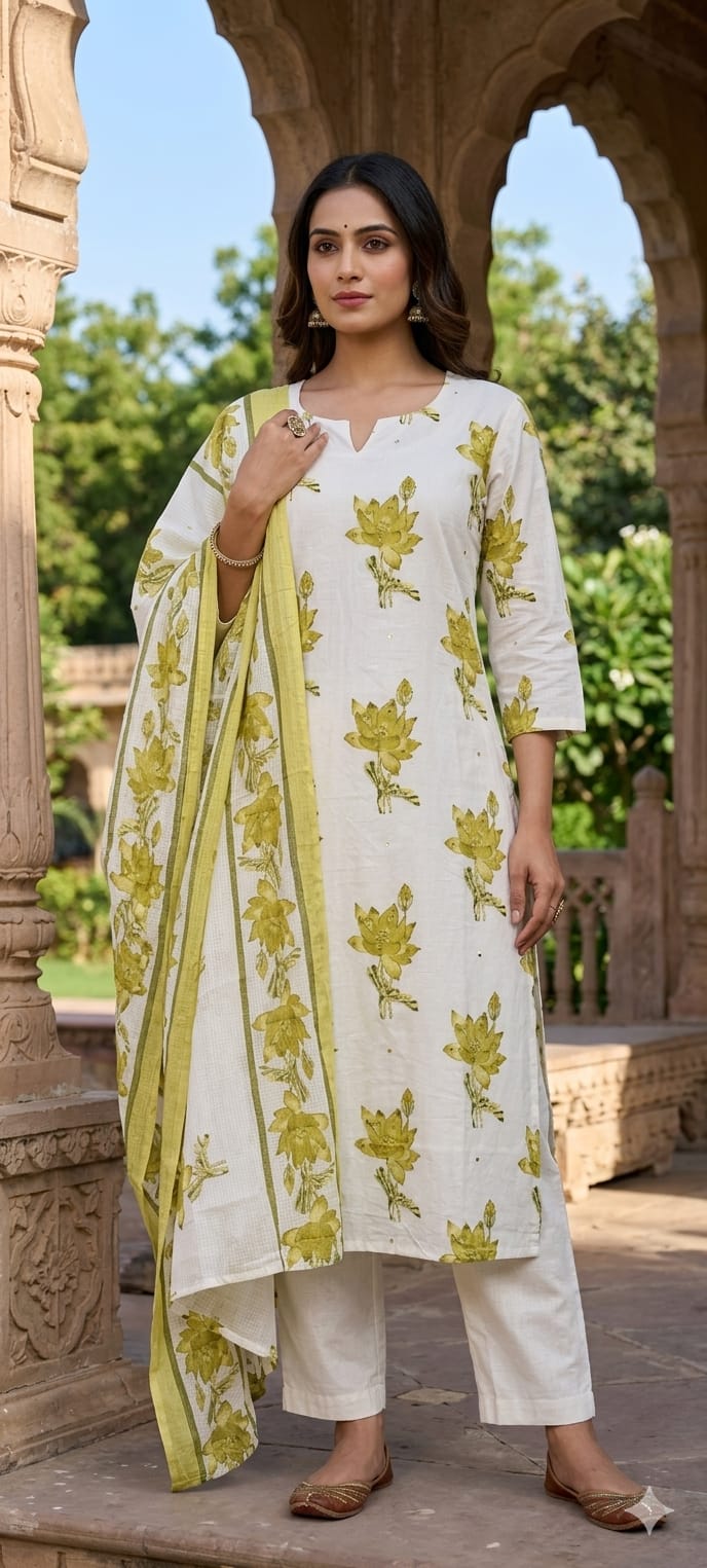 Graceful Lotus Bloom Printed Pastel Cotton Full Suit Set With Kota Doria Dupatta- 14535