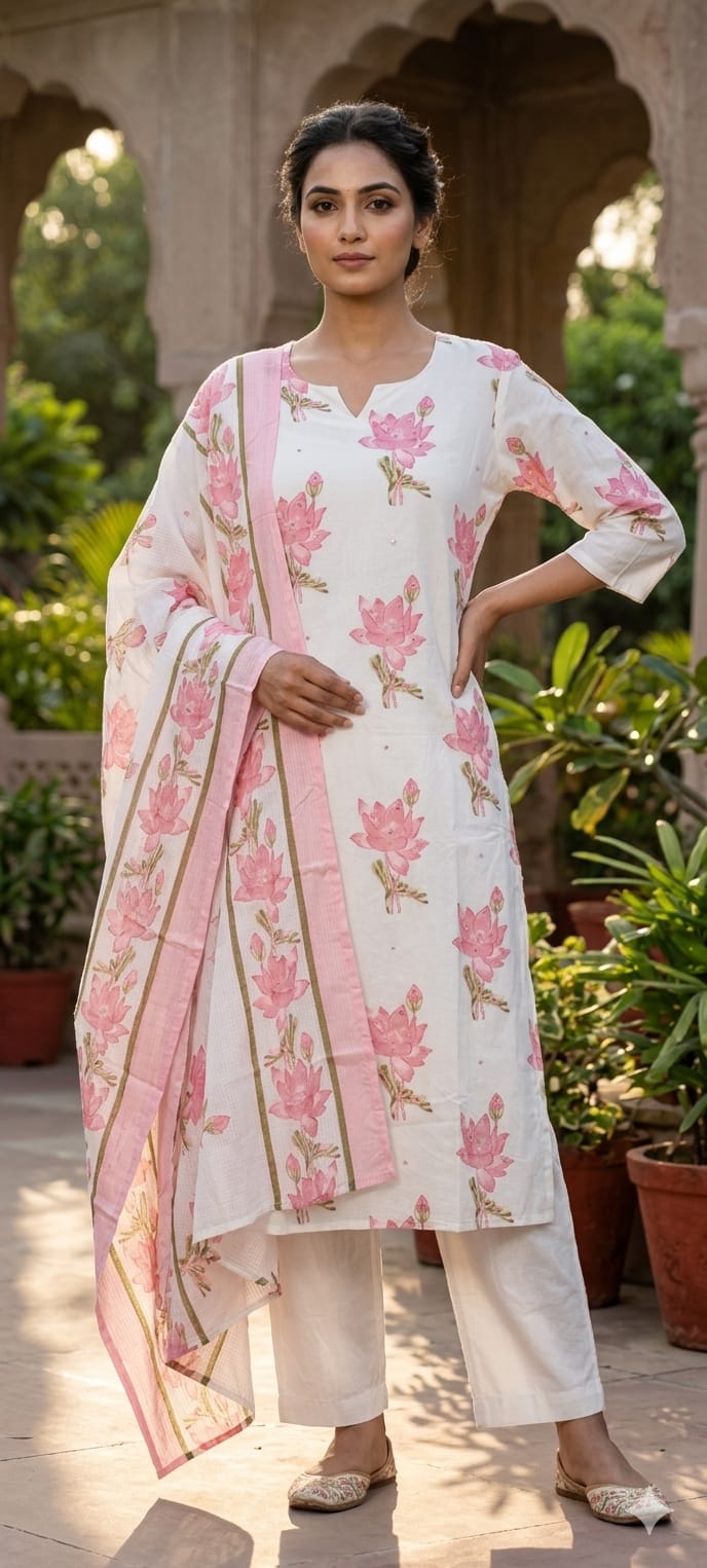 Graceful Lotus Bloom Printed Pastel Cotton Full Suit Set With Kota Doria Dupatta- 14535