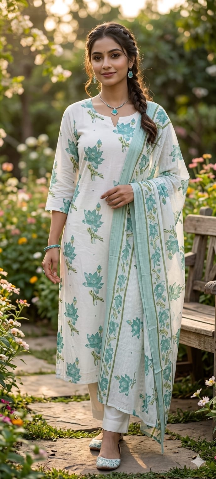 Graceful Lotus Bloom Printed Pastel Cotton Full Suit Set With Kota Doria Dupatta- 14535