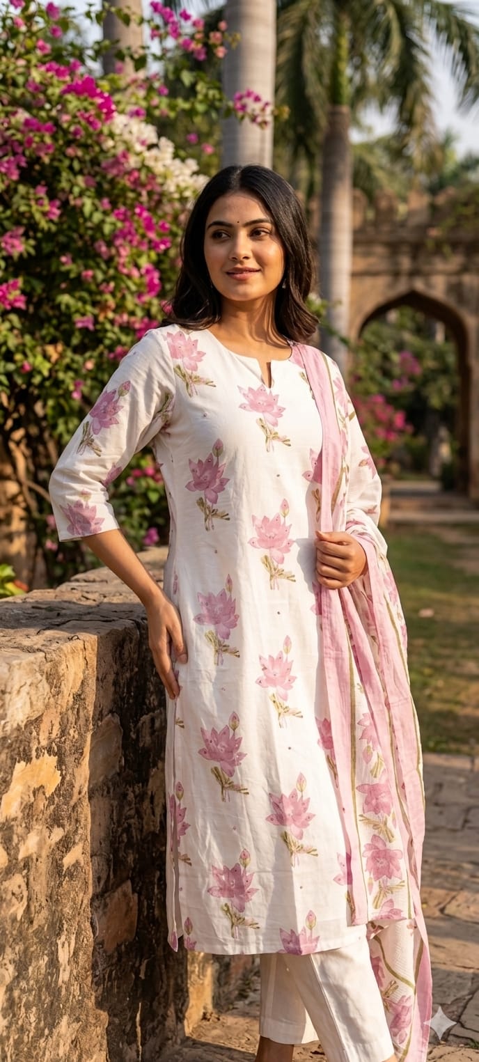 Graceful Lotus Bloom Printed Pastel Cotton Full Suit Set With Kota Doria Dupatta- 14535