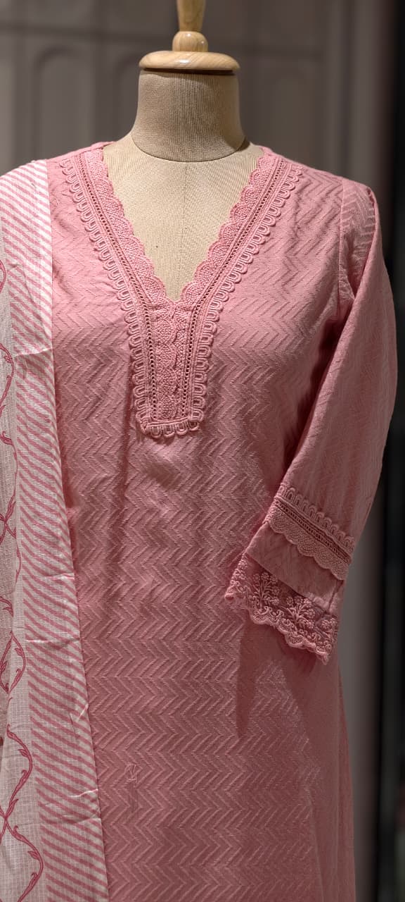 Elegant Straight Graceful Cotton Full Suit Set with Printed Dupatta & Lace Detailing- 14833