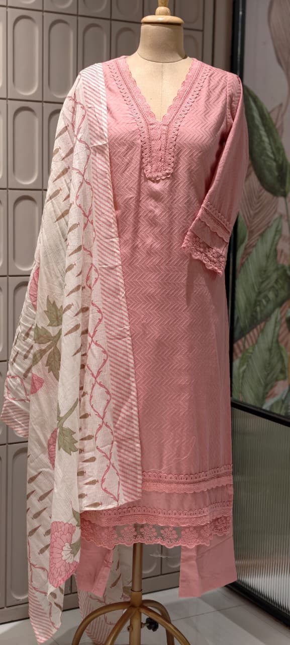 Elegant Straight Graceful Cotton Full Suit Set with Printed Dupatta & Lace Detailing- 14833