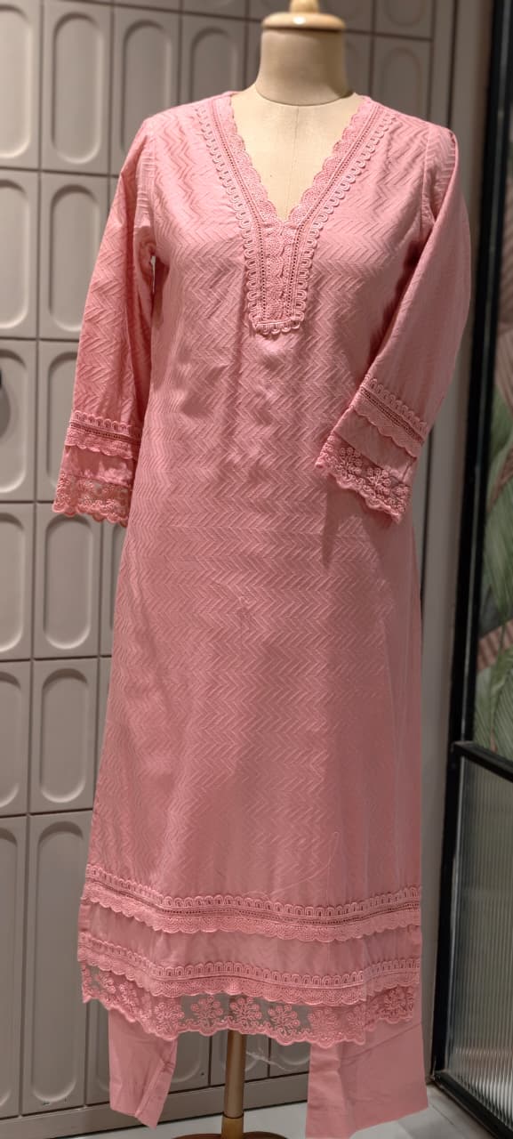Elegant Straight Graceful Cotton Full Suit Set with Printed Dupatta & Lace Detailing- 14833