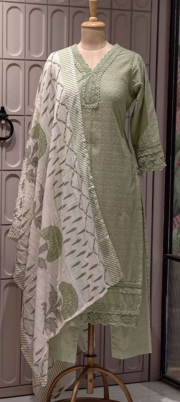 Elegant Straight Graceful Cotton Full Suit Set with Printed Dupatta & Lace Detailing- 14833
