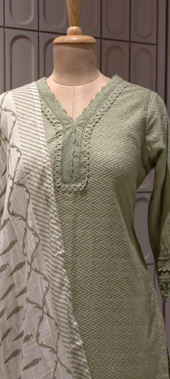 Elegant Straight Graceful Cotton Full Suit Set with Printed Dupatta & Lace Detailing- 14833