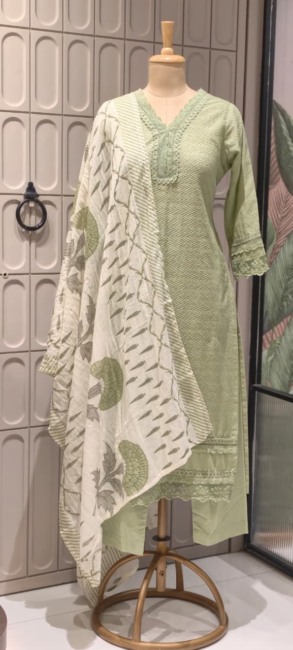 Elegant Straight Graceful Cotton Full Suit Set with Printed Dupatta & Lace Detailing- 14833