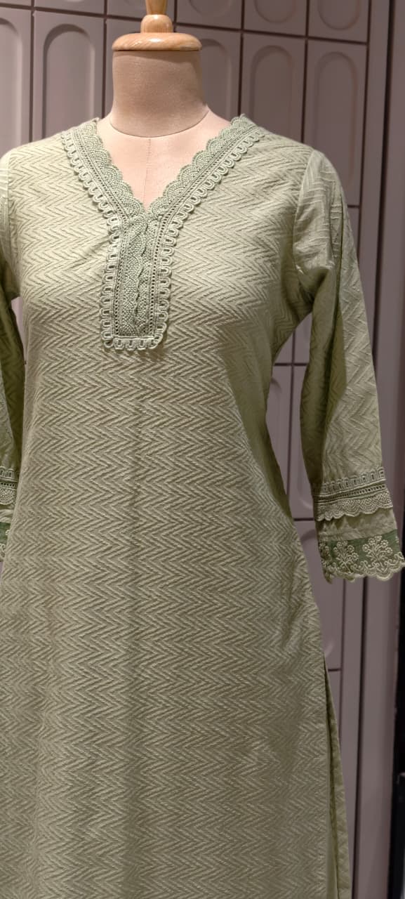 Elegant Straight Graceful Cotton Full Suit Set with Printed Dupatta & Lace Detailing- 14833